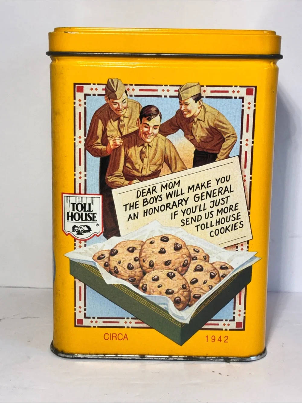 Vintage Nestlé Toll House Cookie Tin 1939 1942 1954 Yellow Metal Canister